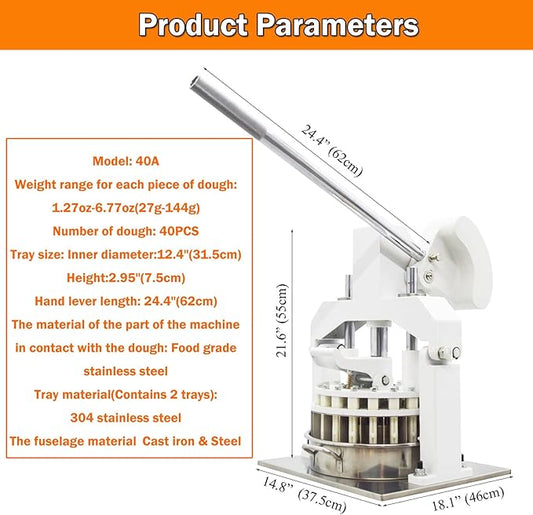 INTSUPERMAI Dough Divider Cutter Machine 40PCS Manual Dough Divider Rounder 2 Pans Hydraulic Dough Equal Cutter DIvider Cutting Machine 0.95oz-5.08oz(27g-144g)