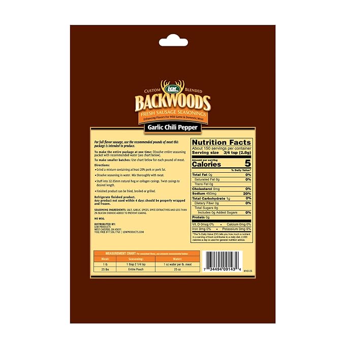 LEM Products Backwoods Garlic Chili Pepper Fresh Sausage Seasoning, 15 oz | Pre-Measured Seasoning for Wild Game and Domestic Meat, Seasons Up to 25 Pounds of Meat for Homemade Sausages