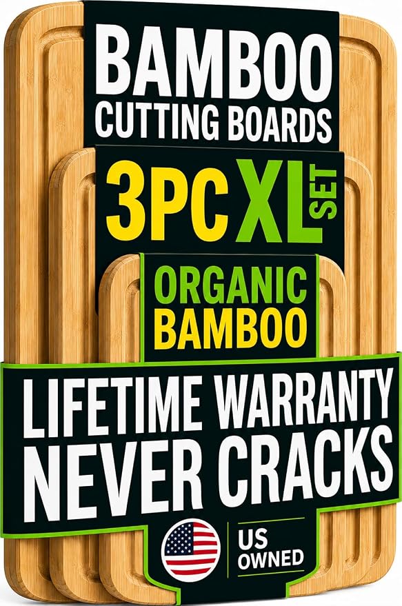 Greener Chef Luxury Wood Cutting Board 3-Piece Set with Vertical Grain Strength Technology - Extra Large Bamboo Cutting Boards for Kitchen with Deep Juice Grooves for Chopping - Lifetime Replacements