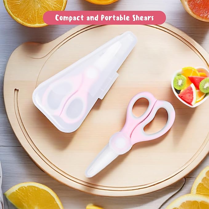 Ceramic Baby Food Scissors - Portable Shears - Healthy Food Cutter with Dust Cover and Storage Case - Cuts Meat, Chicken, Vegetables, Fruits (2-Pack) (Pink - 2 pack)