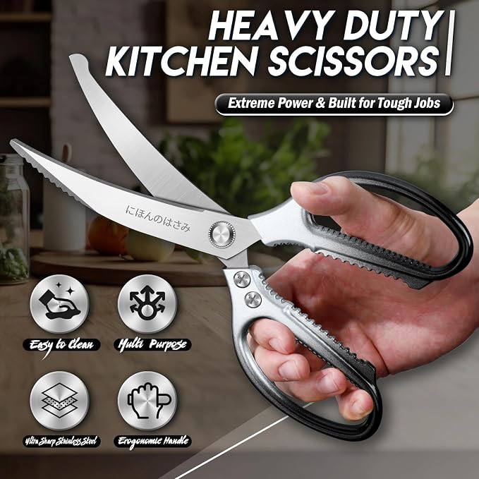 TIJERAS Kitchen Scissors Shears Set - 2PCS Stainless Steel Sharp | Dishwasher Safe, Heavy Duty Poultry Shears, Japanese Cooking Scissor for Food Chicken, Gifts for Women, Black
