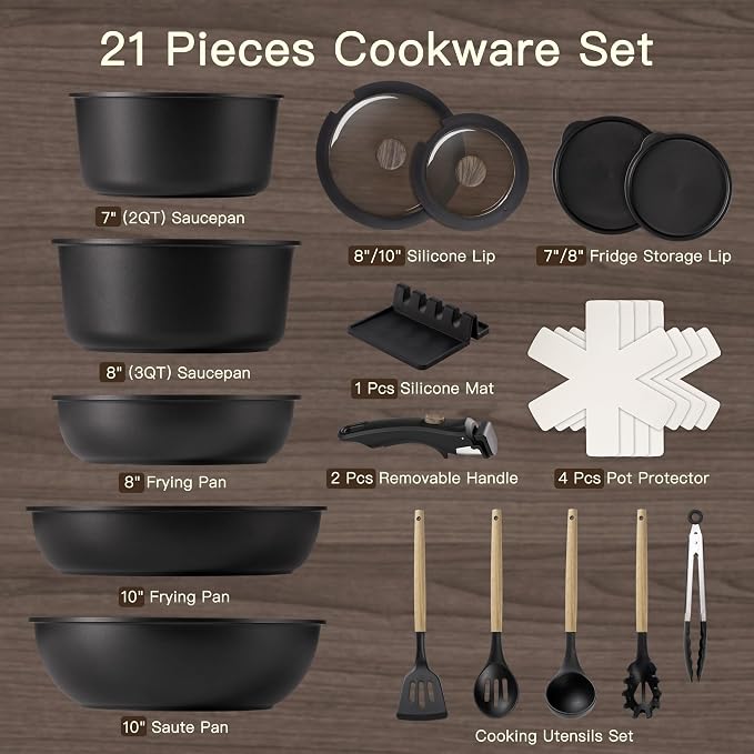 Astercook 21 Pcs Pots and Pans Set Non Stick, Ceramic Cookware Set Detachable Handle, RV Kitchen Cooking Set Removable Handles, Oven Safe, Induction Ready, Stackable, Black, Fathers Day Gift for Men