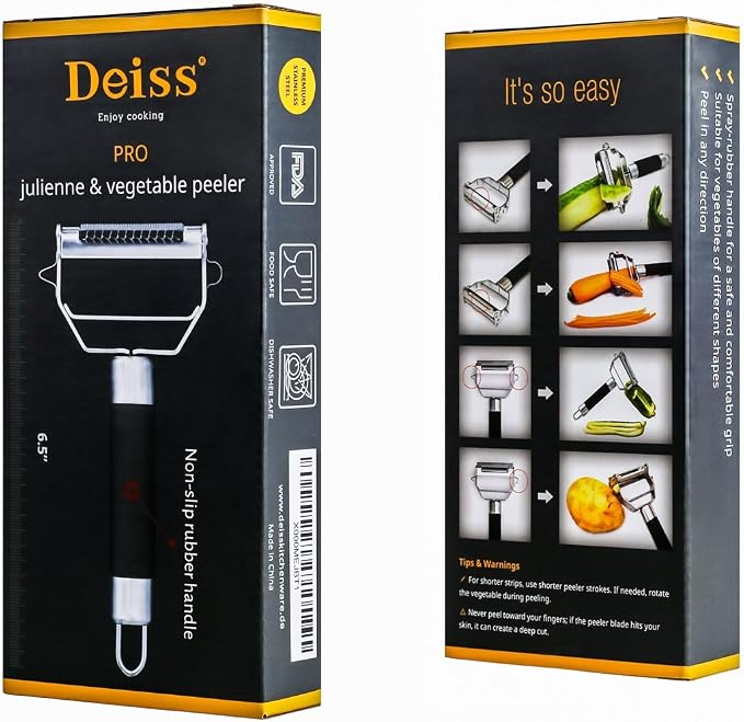 Deiss PRO Dual Julienne Peeler & Vegetable Peeler - Non-slip Handle - Apple Peeler & Potato Peeler, Orange Peeler, Zoodles Maker - Y Peeler, Veggie Peeler for Making Delicious Veggie Noodles