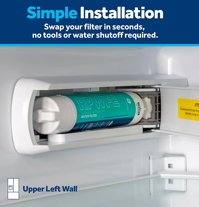 GE RPWFE Refrigerator Water Filter, Genuine Replacement Filter, Certified to Reduce Lead, Sulfur, and 50+ Other Impurities, Replace Every 6 Months for Best Results, Pack of 1