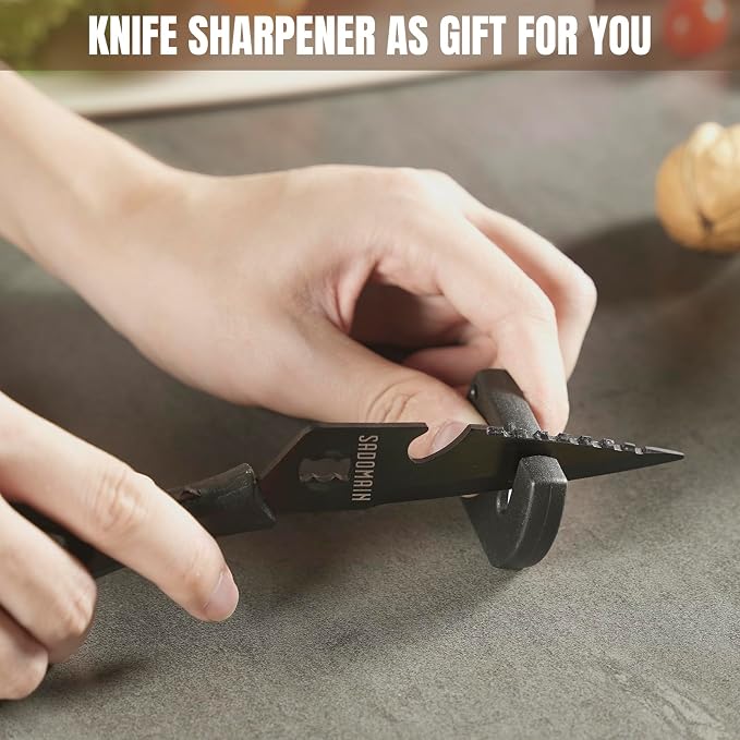 Kitchen Scissors All Purpose, Extra Sharp Kitchen Shears with Knife Sharpener & Sheath, Solid & Durable Stainless Steel Scissors with ANTI-RUST Black Titanium Plated, Dishwasher Safe – Brown