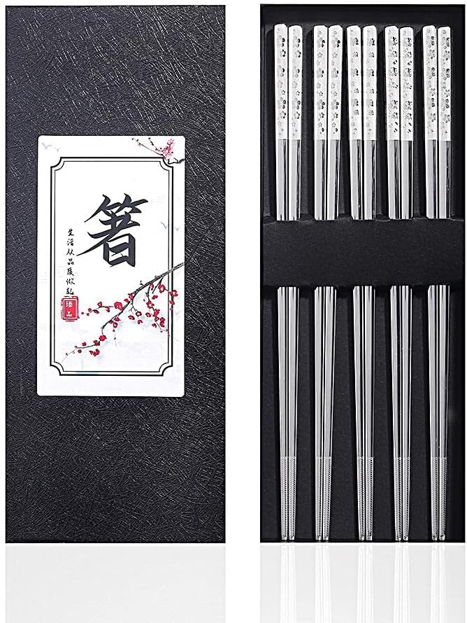 Metal Chopsticks Reusable Titanium Plated Stainless Steel Japanese Korean for Food & Cooking 9.5Inch Non-Slip for Beginners Square Laser 5 Pairs Gift Set
