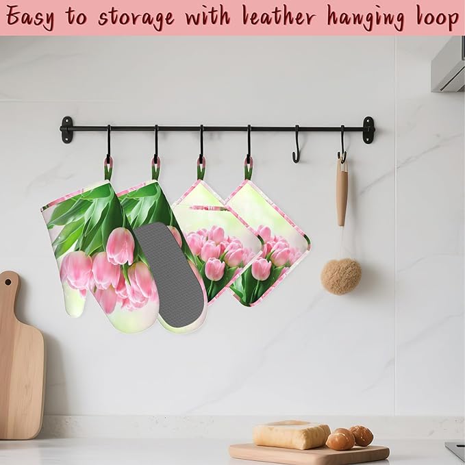 Pink Tulips Romantic Silicone Oven Mitts and Pot Holders,Heat-Resistant 4 Piece Kitchen Set Non-Slip Oven Gloves and Hot Pads for Cooking, Baking, Grilling,BBQ