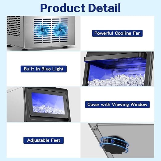Amzgachfktch Commercial Ice Maker, 110lbs/24H Under Counter Ice Maker with 2 Water Inlet, Ice Maker Machine with 22lbs Storage, Auto Self-Cleaning, Freestanding Ice Machine for Bar Home Office