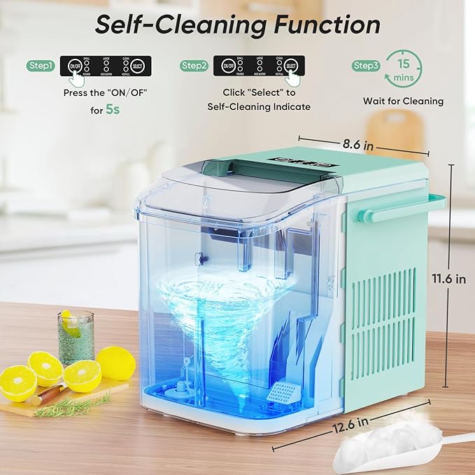 DUMOS Ice Makers Countertop with Handle Ice Machine, Fast in 6 Mins, 26lbs in 24 Hours, Quiet Self-Cleaning, Compact Size Portable for Home, Kitchen, RV, Camping, Modern Green