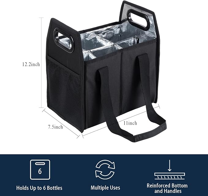6 Bottle Wine Carrier Collapsible Reusable Portable Wine Bottle Carrier Case for Tote Bag Moving, Vacation Bottle Caddy Grocery Shopping Wine Tasting Accessory, Black