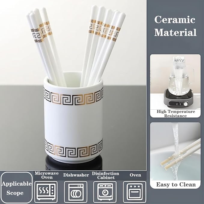 Ceramic Chopsticks Reusable,5 Pairs Porcelain Chop sticks,Jin Ruyi,9.7'' | Easy to Clean,Dishwasher Safe,Heat Resistant,with a Gift case,Cooking Chopsticks,High-grade Bone China Porcelain