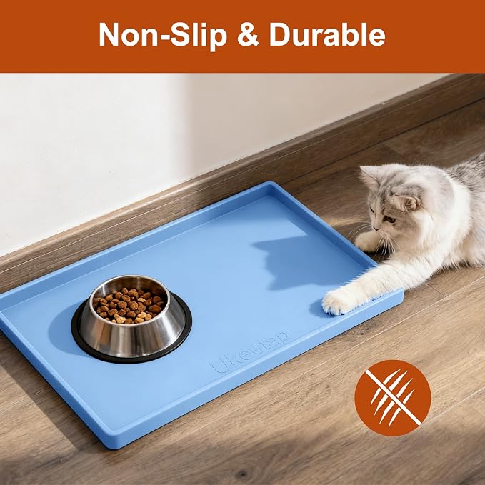 ukeetap 19" x 12" Extra Thick Silicone Mat Waterproof with Raised Edge, BPA Free Non-Slip Dog & Cat Food Mat, Feeding Mat for Food and Water Bowls, Spill Proof Mat to Protect Floors, Blue