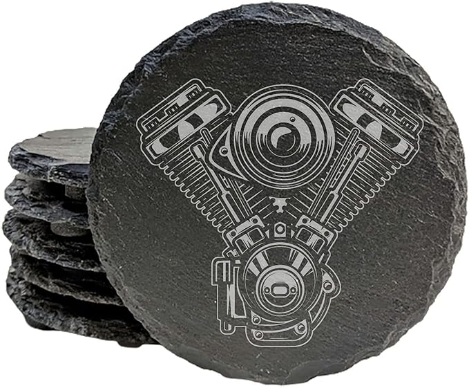 Rev Up Your Ride: V-Twin Engine Coasters for Bikers - Round Slate - Set of 6
