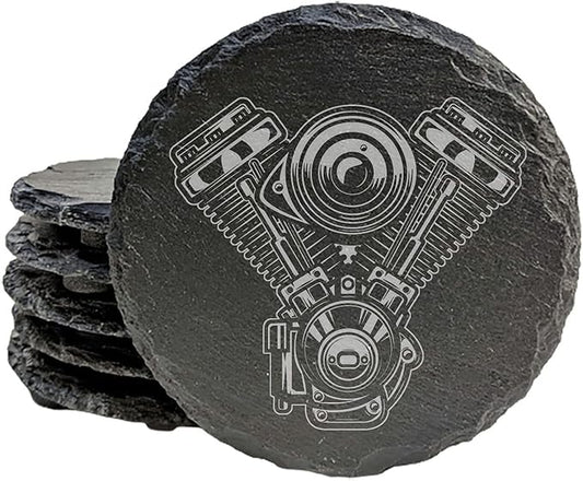 Rev Up Your Ride: V-Twin Engine Coasters for Bikers - Round Slate - Set of 6