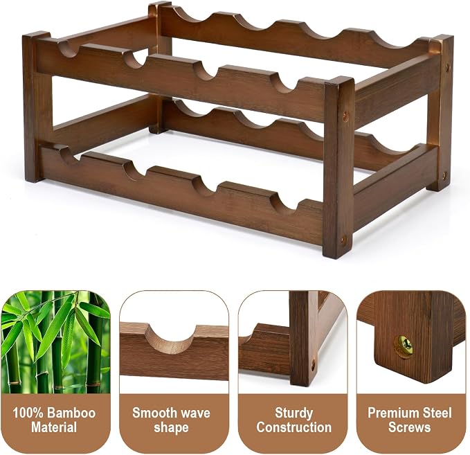 Bamboo Wine Rack, 2-Tier 8 Bottles Wine Storage Cabinet Shelf, Easy-Assembly Freestanding Bamboo Wine Racks Countertop for Kitchen Pantry Dining Room Bar, Walnut