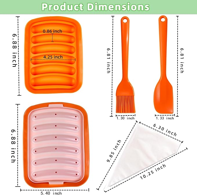 Silicone Sausage Mold 2 Pcs with a Set of Silicone Brush Spatula and 25x Pastry Bags, Non-Stick Hot Dog Bun Pan, DIY Handmade Ham Sausage, Hot Dogs Baking Mold for Children's Food with Lid, Orange*2