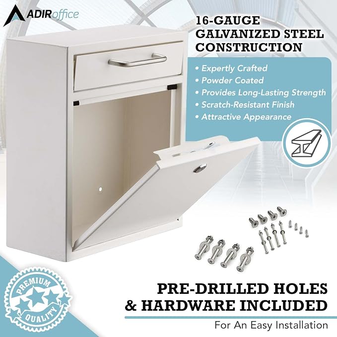 AdirOffice Wall Mount Mailbox - Mailbox with Lock and Keys- Durable Wall Mounted Locking Mailbox and Cash Drop Box for House, Apartments and Bussiness After Hours Deposits