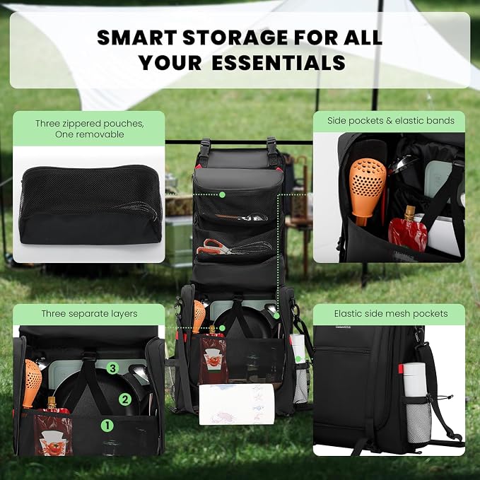 Camp Kitchen Organizer, Hanging Kitchen Utensil Storage Bag for Camping | Cooking Tool Storage Caddy with Paper Towel Holder & Multi-Pockets for Car Travel, Picnics & BBQ Essentials, Gift for Campers
