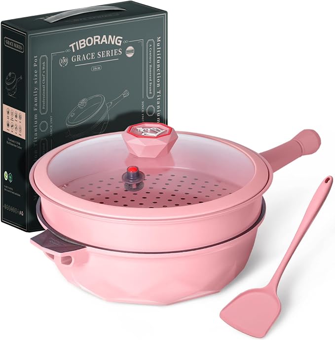 TIBORANG 11 Inch Nonstick Frying Pan with Lid,8-in-1 Multipurpose Cookware | 5 Qt Deep Sauté Pan Skillet with Steamer, PFOA-Free, Dishwasher & Oven Safe, Induction Compatible, Stay-Cool Handle, Pink