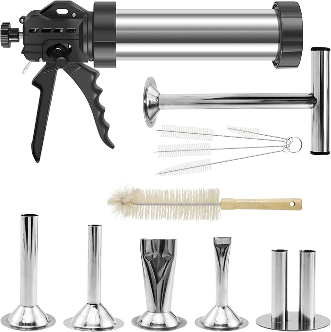 Large Capacity Jerky Gun Kit, Stainless Steel Beef Jerky Gun with 5 Nozzles, Sausage Stuffer and Jerky Maker, Includes Meat Pusher and Cleaning Brushes, Perfect for Homemade Jerky and Sausages