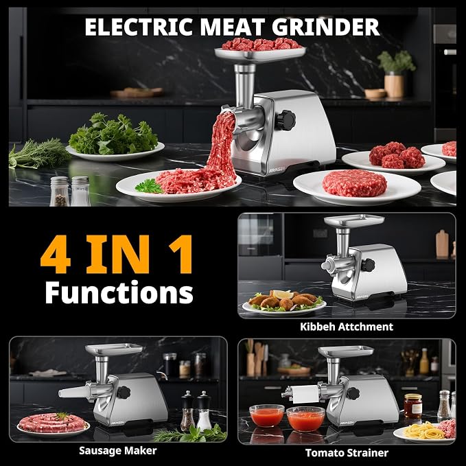 AIRMSEN Electric Meat Grinder & Tomato Sauce Press Maker with Strainer - Heavy Duty Food Mill Machine for Grinding Meat, Making Tomato Sauce, Sausage, Kibbeh for Home Kitchen Use