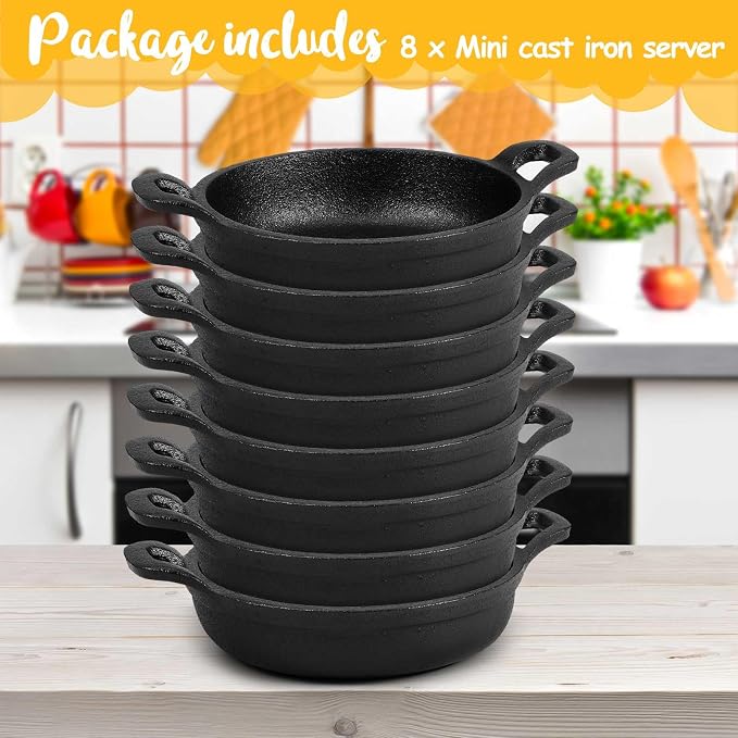Ziliny 8 Pack Mini Cast Iron Skillets 5 x 5 x 1.3 Inch Pan Ramekin Set | Cast Iron Pan Small Ramekin Set, Black Casserole Dish Cookware Oven Safe, Mini Skillets for Kitchen Indoor Outdoor Picnic