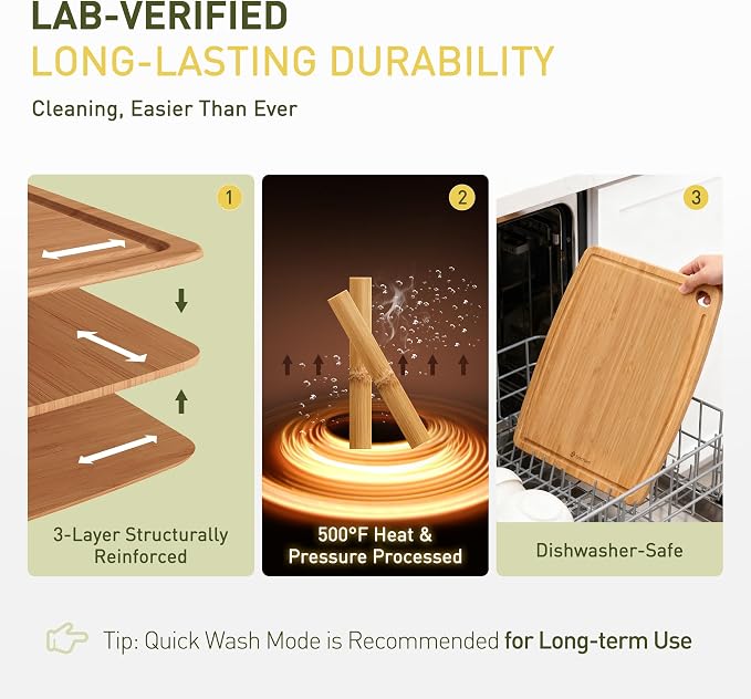 Lightweight Durable Bamboo Cutting Board Set with Non-Slip Feet, Wood Cutting Board for Busy Kitchen, Easy Clean Wooden Chopping Boards with Juice Groove Best House Warming Gift Set of 3 (S+M+L)