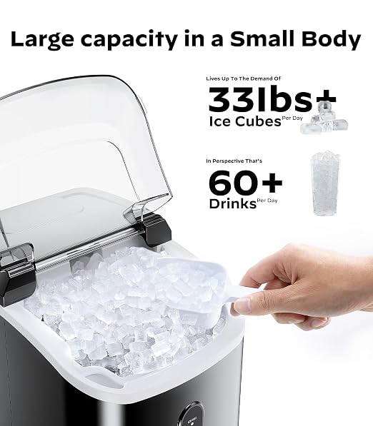 Nugget Ice Maker Countertop, Pellet Ice Machine with Self-Cleaning Function, Produces 33 lbs of Chewable Ice in 24 Hours, Sonic Ice Maker Perfect for Home Kitchens and Offices, Black