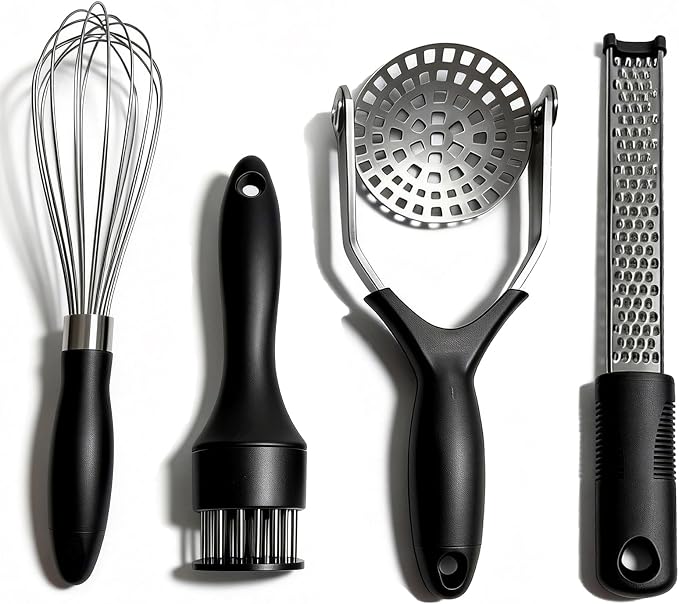Kitchen Gadgets Set Stainless Steel Cooking Tools Essentials, Black, 4Pcs | Includes Whisk, Meat Tenderizer, Potato Masher Smasher, Grater Zester, Soft Ergonomic Handle, Dishwasher Safe, Space Saving