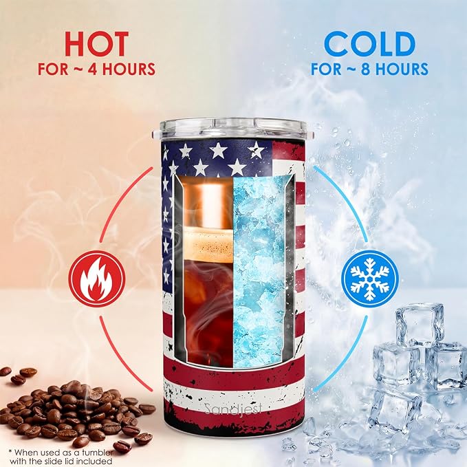 American Flag Can Cooler 12oz - Travel Mug Cups - Stainless Steel Insulated for All - Tumbler Cans Koozie, Gift for Birthday, Christmas