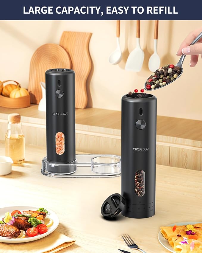 CIRCLE JOY Rechargeable Electric Salt and Pepper Grinder Set with Base, Automatic Pepper Mills with 110ml Container, External Adjustable Coarseness, White Led Light and One-Handed Operation, Black