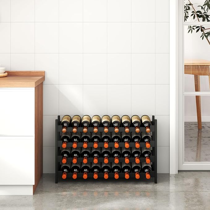 Bamboo Large Wine Rack, 4-Tier Freestanding Floor Bottle Storage Holder | 36-Bottle Storage | Wooden Wine Storage Organizer Shelves for Kitchen Bar, Cellar, & Dining Room | Black | Anti-Tip Kit