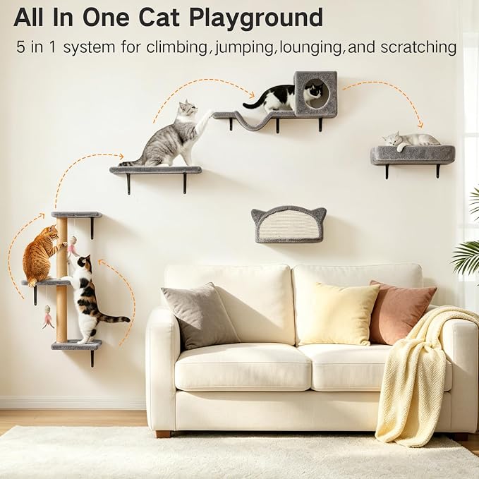5-in-1 Cat Wall Shelves for Indoor Cats, Wall Mounted Cat Furniture Set with Bed, Perch, Hideaway Condo, Scratching Post & Scratcher, Cat Climbing Wall System, Space Saving Design, Grey