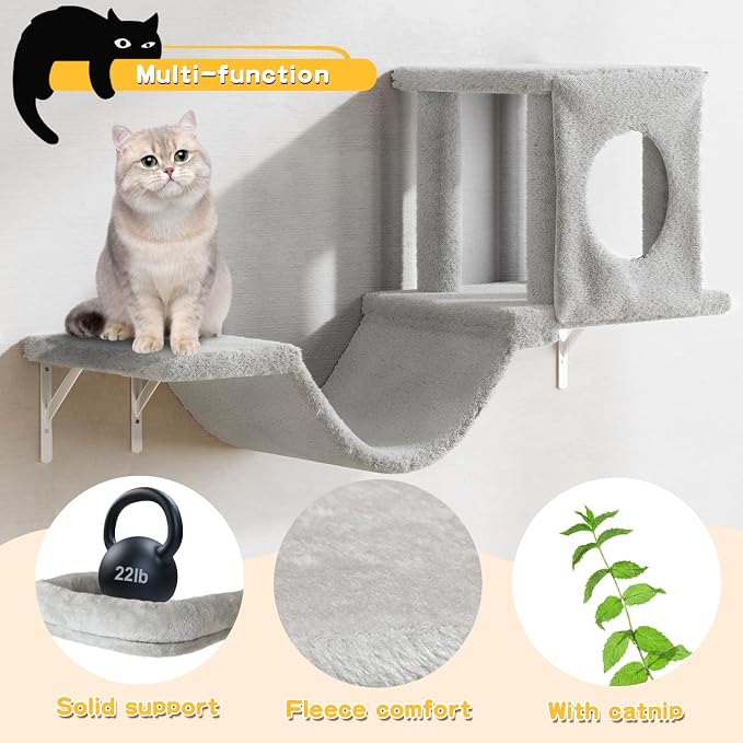 NUNU LAB Cat Wall Shelves, 6 Pcs Luxury Wall-Mounted Cat Climber Set, Indoor Cat Furniture with 1 Condos House, 2 Cat Wall Shelves, 1 Scratching, 1 Bridge Ladder, 1 Scratching Pad, Light Grey