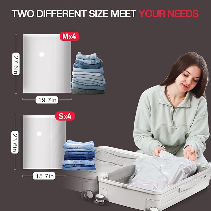 Vacuum Storage Bags for Travel, 8 Pack Vacuum Seal Bags for Clothing Travel, Vacuum Sealer Bags with High Pressure Electric Pump, Portable Space Saver Bags for Luggage Traveling