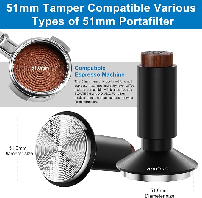 XIXUBX 2-in-1 Espresso Tamper & Magnetic WDT Tool, 51mm Spring Loaded Tamper with Corrugated Base & Cover, Anodized Aluminum Handle, Fits XIXUBX and Other 51mm Portafilter Espresso Machines