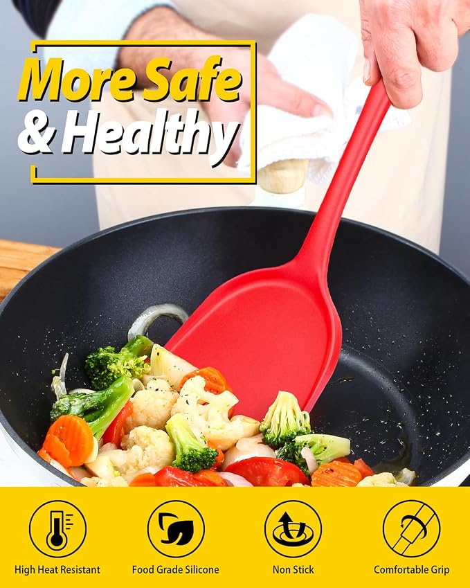 BUNDLEPRO Silicone Seamless Wok Spatula, 2 Pack, Red | Non-Stick, Heat Resistant, Easy to Clean, Dishwasher Safe, Ideal for Cooking, Baking, Stir-Fry