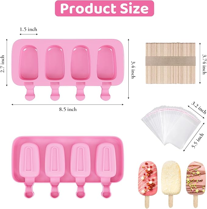 Ouddy Life Popsicle Molds Set of 2, Ice Pop Molds Silicone 4 Cavities Ice Cream Mold Oval Cake Pop Mold with 50 Wooden Sticks for DIY Popsicle (Pink, Blue)