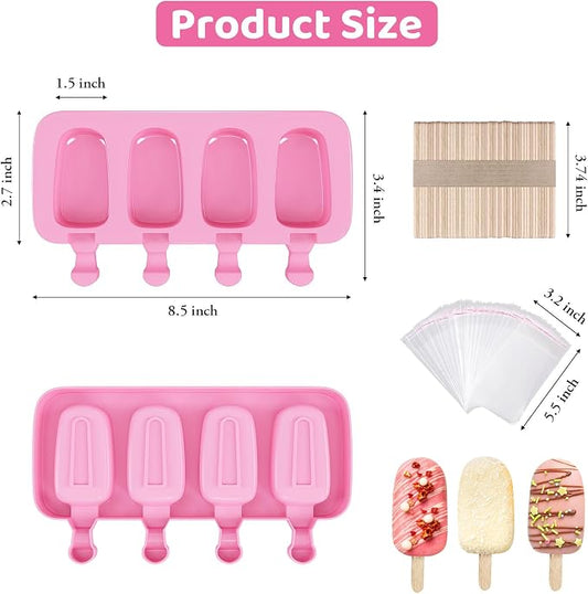 Ouddy Life Popsicle Molds Set of 2, Ice Pop Molds Silicone 4 Cavities Ice Cream Mold Oval Cake Pop Mold with 50 Wooden Sticks for DIY Popsicle (Pink, Blue)