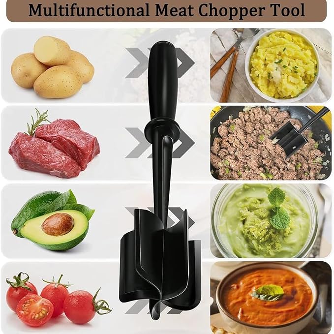 Meat Chopper for Hamburger, Professional Heat Resistant Masher Smasher Kitchen Tool for Turkey Ground Beef, Multipurpose Chopper Mincers Gadgets for Potato Fruits Vegetable (Black, 1PCS)