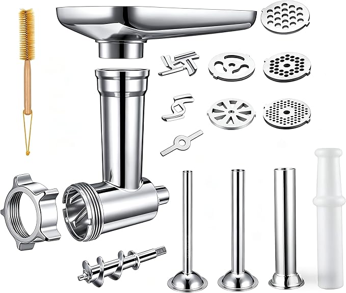 100% Stainless Steel Meat Grinder for KitchenAid Mixer, Dishwasher Safe | Includes 3 Sausage Stuffer Tubes & 4 Grinding Plates, Anti-Corrosion Polished Design（Not include the KitchenAid Mixer）