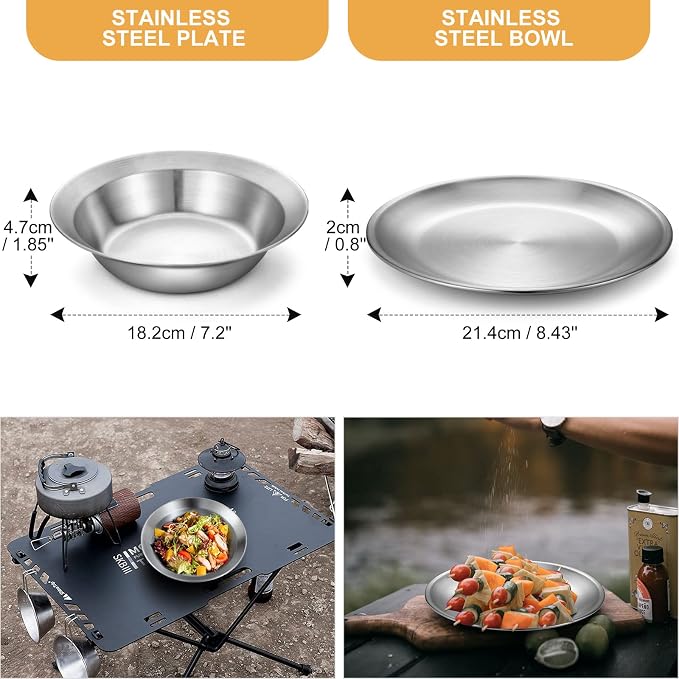 Odoland Stainless Steel Camping Mess Kit for Family & Person | Cooking Tableware Utensils with Plates Bowls Forks Spoons Knives & Savings Bag for Camping, Backpacking, Hiking, Picnic