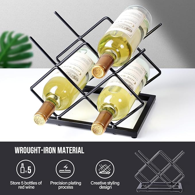 Countertop Wine Rack - 5 Bottle Freestanding Modern Gold Metal Small Wine Rack - Tabletop Wine Holder Stand for Cabinet, Pantry, Wine Bottle Storage