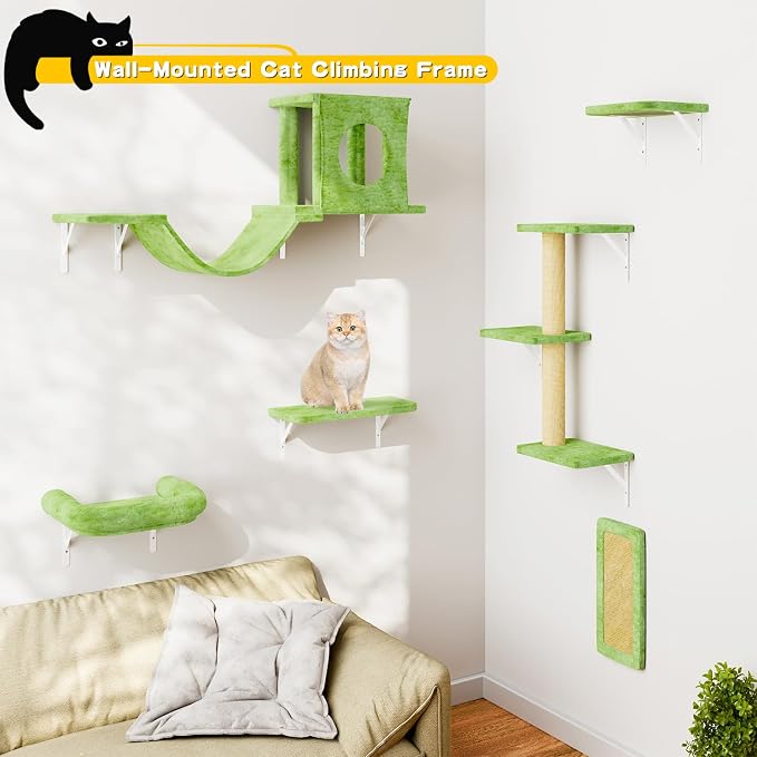 NUNU LAB Wall Mounted Cat Climber Set, 6 Pcs Cat Furniture Set with House, Bridge, Steps, Scratcher Board and Hammock, Shelves for Indoor, Luxury Walls Furniture, Light Green