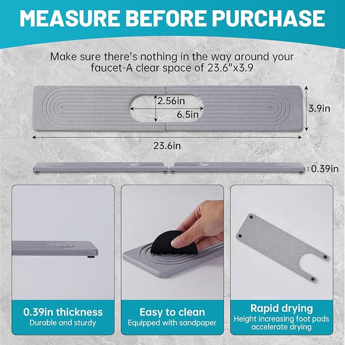 Stone Faucet Mat for Kitchen Sink with Oval Hole – 23.6" × 3.9" Diatomite Drying Stone Mat & Sink Protector, Quick-Dry Splash Guard Water-Absorbing Tray for Bathroom Counter（Gray.23.6" x 3.9"