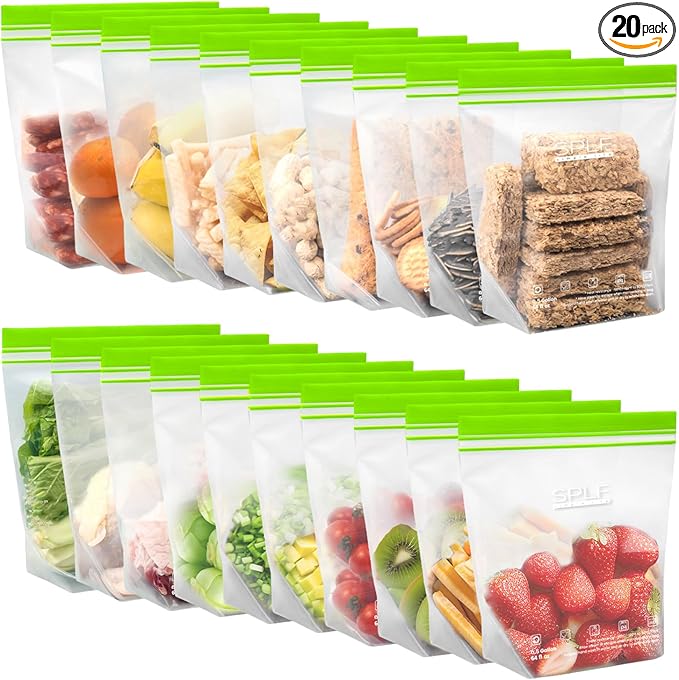 SPLF 20 Pack Reusable Half Gallon Freezer Bags Dishwasher Microwave Safe | 1/2 Gallon BPA Free Leakproof Food Storage Bags, Silicone Free Containers for Meal Prep, Fridge Kitchen Organization