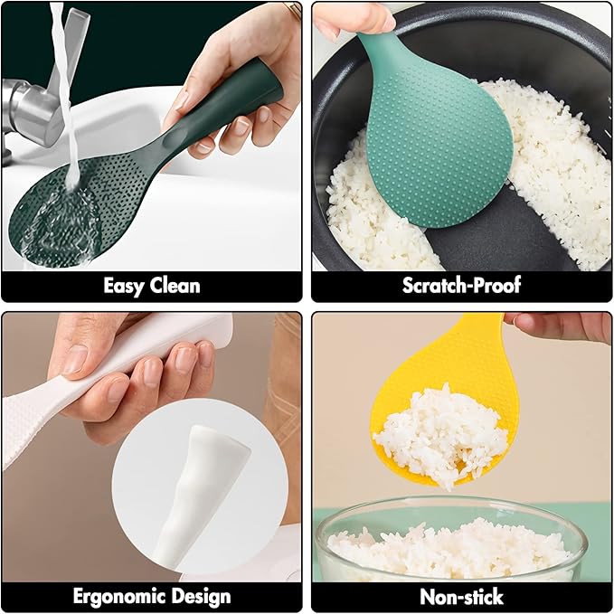 Silicone Standing Rice Spatula with Non-Stick Paddle, Heat Resistant Rice Cooker Spoon, Serving Spoon for Grains (White)