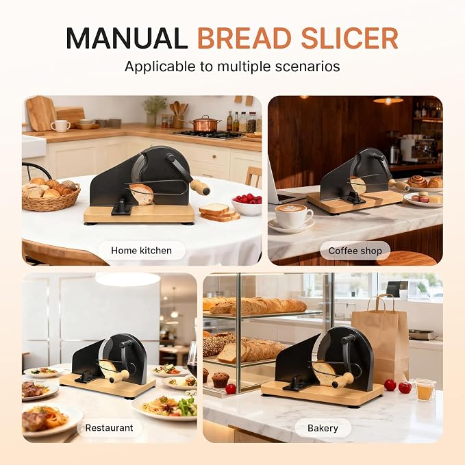 Manual Bread Slicer for Homemade Sourdough, Adjustable Thickness,Hand Crank Bread Cutter with Stainless Steel Blade Slicing Guide, Scale Line Suction Cups & Solid Wood Base