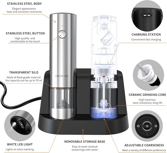 CIRCLE JOY Electric Salt and Pepper Grinder Set Stainless Steel Spice Grinder Automatic Pepper Mills with Easy-to-Carry Dual Charging Station, White Led Light, and Adjustable Coarseness, Silver
