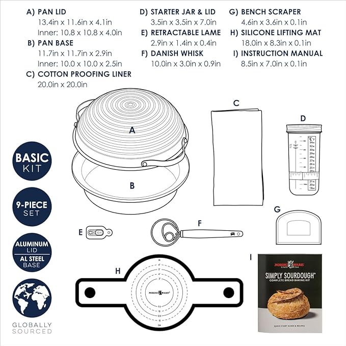 Nordic Ware Simply Sourdough™ Complete Bread Baking Kit BAKING PAN INCLUDED, Dual use Banneton lid, 22pg Guide book w/Recipes, Danish Whisk, Starter Jar, Cutter, Lifting Mat, Scraper, Cotton Liner